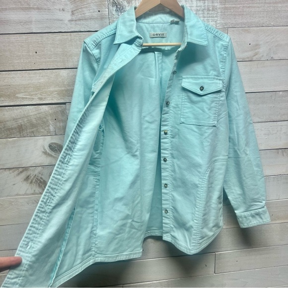 Orvis Denim Jacket Womens Large Aqua Blue Button Down‎ Pockets Collared - Picture 6 of 12